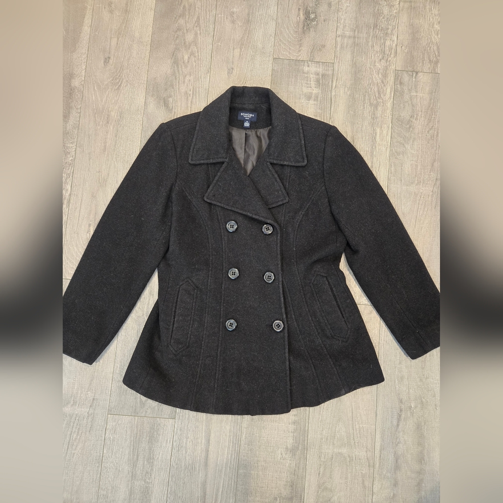 Women's Black Double-breasted Wool Peacoat pockets mid length hourglass, Medium
